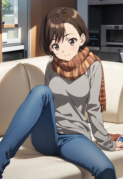 Bell, anime, Brown hair, medium breasts, Brown eyes, A slight smile, jeans, scarf, gray sweatshirt, blue pants, sitting, legs crossed, Inside the smart home, sitting on the couch, Assad Sino&#39;s face, anime Sword Art Online, Best quality