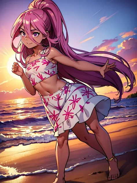 4k, masterpiece, crop top, high detailed, beautiful eyes, long pink hair, high ponytail, purple eyes, mischievous smile, wearing a light, flowing sundress with floral patterns, beach setting, standing barefoot on the sand, gentle waves in the background, b...