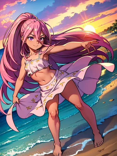 4k, masterpiece, crop top, high detailed, beautiful eyes, long pink hair, high ponytail, purple eyes, mischievous smile, wearing a light, flowing sundress with floral patterns, beach setting, standing barefoot on the sand, gentle waves in the background, b...