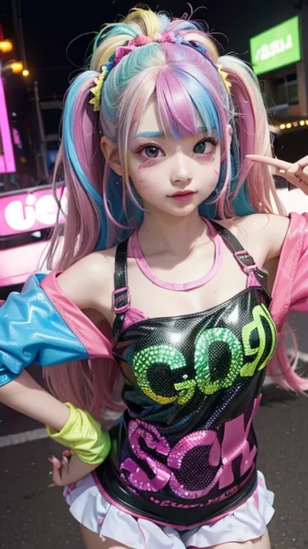 (young face:1.35)、(１０year:1.35)、arafe girls taking photos in colorful costumes, y 2k cutecore clowncore, cute decora rainbow cor...