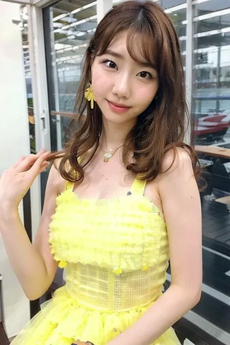 a close up of a woman in a yellow dress with a shower head, young sensual gravure idol, young pretty gravure idol, realistic you...