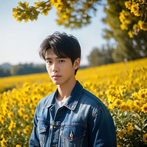 Young Asian man, 25 years old, His long hair flowed up.,) Bright dark black denim jacket,) very handsome,) ,Jeans)  outdoors in the countryside , There are red and yellow flowers around.,) best quality, 10, height:1.2), 8K Special Details, (realistic:1.37)...