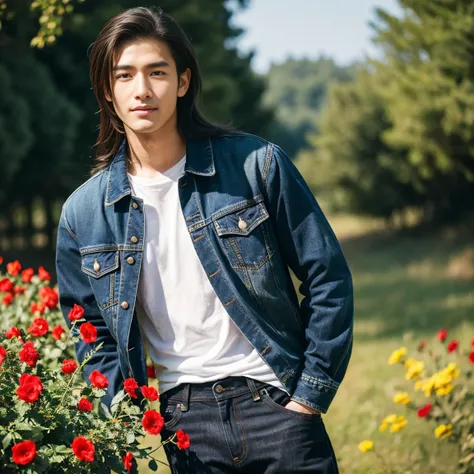 Young Asian man, 25 years old, His long hair flowed up.,) Bright dark black denim jacket,) very handsome,) ,Jeans)  outdoors in the countryside , with red flowers,) best quality, 10, height:1.2), 8K Special Details, (realistic:1.37), Portrait, Full body, P...