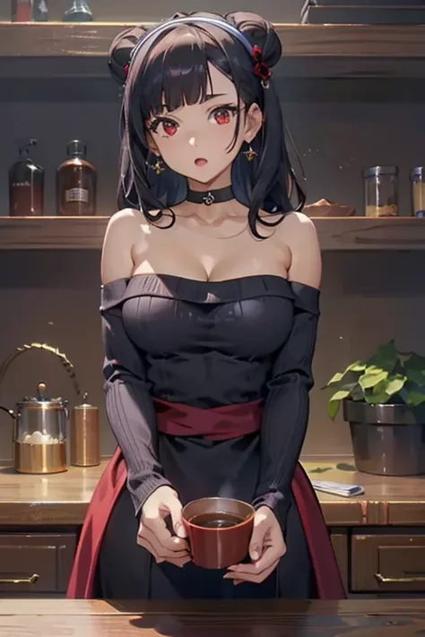 masterpiece, yor, 1girl, Amazing Cleavage:1.3, thin waist, big ass, Raised sexy, medium breast: 1.8 posed cleavage:1.2、solo, looking at viewer, open mouth, have a cup of coffee,black hair, red eyes, dress, bare shoulders, jewelry, collarbone, sidelocks, ha...