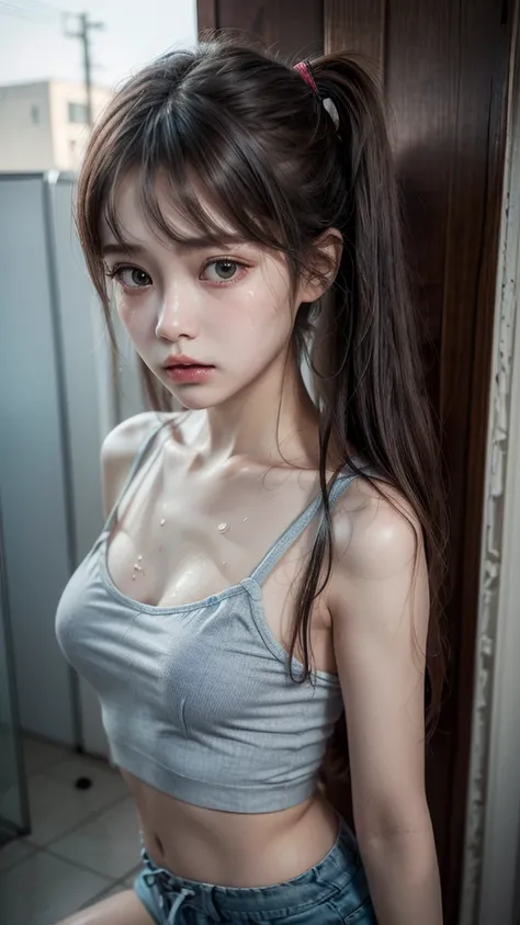 Face Focus, highest quality、超A high resolution、(Photorealistic:1.4)、1 girl、The fabric is torn、Light blue camisole、Thin fabric shorts、(Faded dark brown hair:1)、Twin tail hair、(Small breasts:1.2)、View your viewers、Close-up、Slightly red cheeks、Scared face、You...