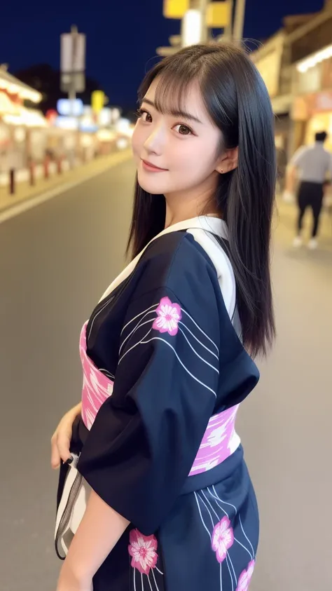 highest quality、超A high resolution、（Real as in the picture 1.4）Asian、skin is brown、Black Hair、One Girl、yukata、Baby Face、Night Festival、Enjoyable atmosphere、A photo of the moment when a woman was walking in front of me and turned around、Lights from food sta...