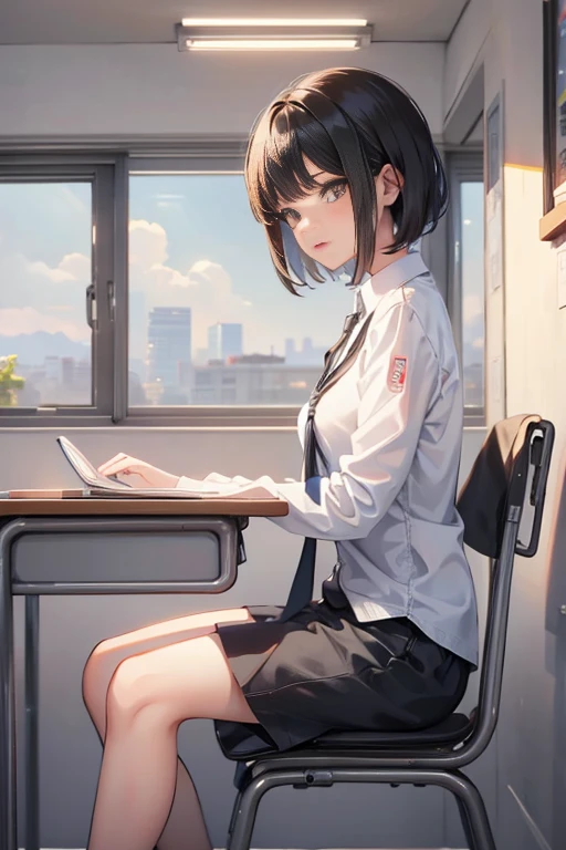 1girl,solo,,black hair and short hair,studying on desk,sitting a chair,in classroom,from the side