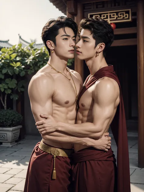 Two  handsome boys kiss, Smile at each other, striking ,Embrace, kiss, touch the lips, cuddle, Romantic,skin contact, 中國male神, myth, actual, Journey to the West, Super handsome,male子气概,  Korean Idol, handsome korean actor, 20 years old,, Delicate face, mal...