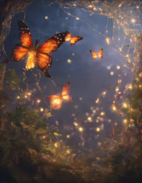 butterflies are flying around a spider web in the dark, digital art by Mike Winkelmann, trending on cgsociety, conceptual art, 🌺 cgsociety, glowing butterflies, butterflies and sunrays, beautiful gorgeous digital art, full of glass. cgsociety, fairy cgsoci...