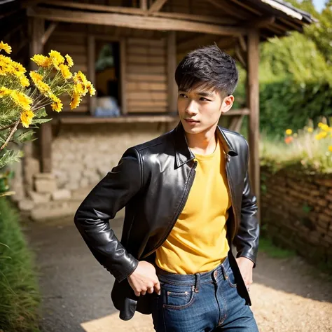 Young Asian man, 25 years old, His long hair flowed up.,)  Looking straight ahead,)) black leather suit Shiny modern black leather suit,) very handsome,) ,Jeans)  outdoors in the countryside Old and worn thatched hut, with red flowers,) best quality, 10, h...