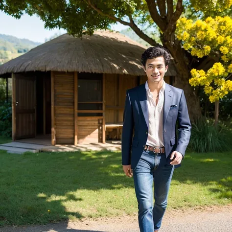 Young Asian man, 25 years old, His long hair flowed up.,)  Looking straight ahead,)) Shiny modern black leather suit,) very handsome,) ,Jeans)  outdoors in the countryside Old and worn thatched hut, with red flowers,) best quality, 10, height:1.2), 8K Spec...