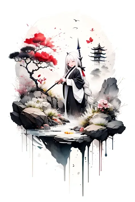 solo,1female(cute,kawaii,age of 10,hair color white,braid hair,messy hair,eye color dark,eyes closed smile,white skin,big smile,enjoy,full body,wearing Grim Reapers black Robe,holding scythe and skull,skip,flower hair ornament,white hair),background(black ...