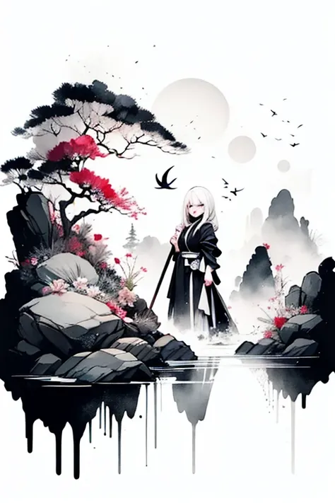 solo,1female(cute,kawaii,age of 10,hair color white,braid hair,messy hair,eye color dark,eyes closed smile,white skin,big smile,enjoy,full body,wearing Grim Reapers black Robe,holding scythe and skull,skip,flower hair ornament,white hair),background(black ...