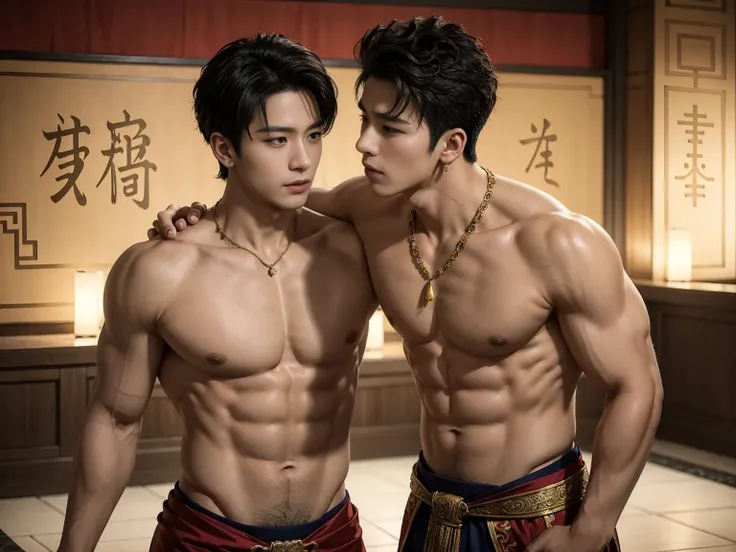 Two  handsome boys kiss, Smile at each other, striking ,Embrace, kiss, touch the lips, cuddle, Romantic,skin contact, 中國male神, myth, actual, Journey to the West, Super handsome,male子气概,  Korean Idol, handsome korean actor, 20 years old,, Delicate face, mal...