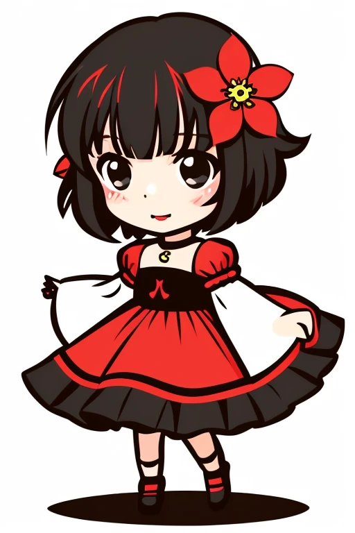 vector art, simple, chibi, 1girl, solo, 6yo, Mio, short black hair, large red flower hair ornament, yellow eyes, pop Anime style, full body,