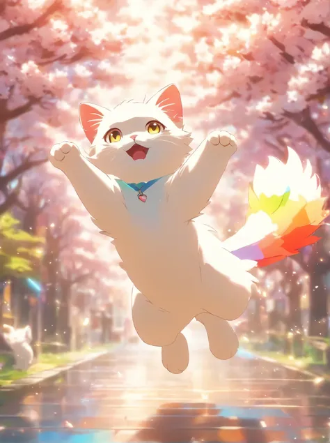 Cartoon white cat, Float in the air, Rainbow back, Around the cherry blossoms, High detail, Cinematic lighting, Motion blur, color difference, hyper HD, Masterpiece, Super detail, High details, High quality, Award-Awarded, Best quality, A high resolution