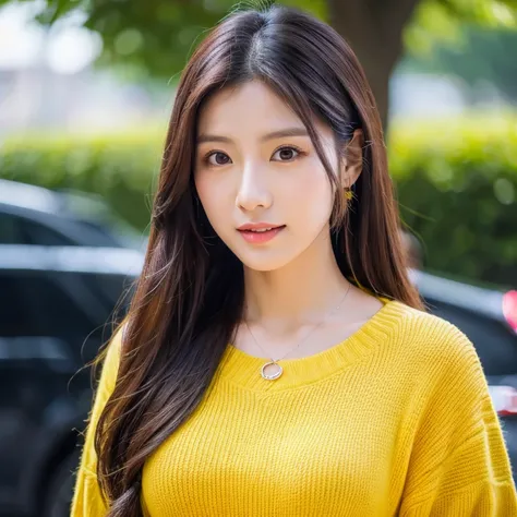 frontal photo Looking straight into the camera,8k quality,, Close-up photo of a cute Korean woman,Chest size 32 inches, His long hair flowed up.,) ponytail, Wear a yellow T-shirt., necklace,  Taken with a high quality camera 45,000,000 pixels, realistic li...