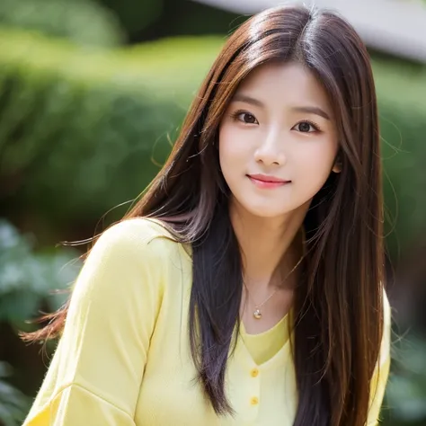 frontal photo Looking straight into the camera,8k quality,, Close-up photo of a cute Korean woman,Chest size 32 inches, His long hair flowed up.,) ponytail, Wear a yellow T-shirt., necklace,  Taken with a high quality camera 45,000,000 pixels, realistic li...