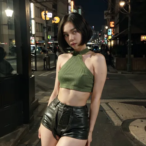 Front view, bob cut hair, black hair, skinny shape, thick legs, green eyes, full shot, tokyo, city lights, mini skirt, eyes front view, huge lips, crop top, fake , big eyes, big , wide hips, tiny nose, big eyes