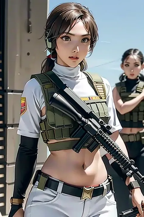 a woman in a white outfit holding a rifle and wearing headphones, 24-year-old woman, Filipino woman, tan bronze skin, soldier girl, mechanized soldier girl, military girl, beautiful female soldier, female lead character, infantry girl, of a sniper girl in ...