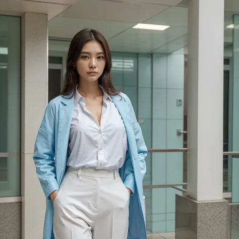 Female supermodel. Singapore Chinese. Raffles Place, Singapore. Pastel blue doctor coat. White formal shirt. Pastel blue trousers. Close-up.