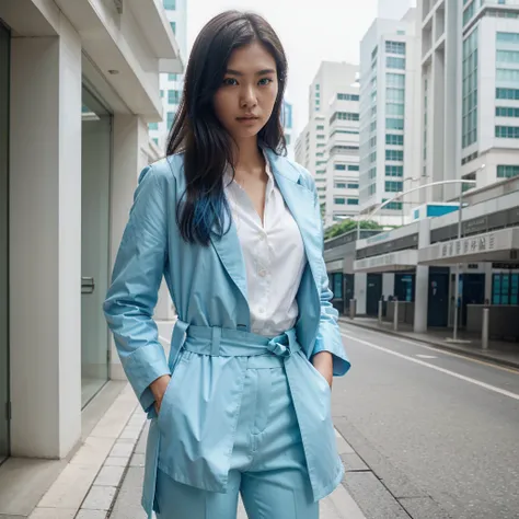 Female supermodel. Singapore Chinese. Raffles Place, Singapore. Pastel blue doctor coat. White formal shirt. Pastel blue trousers. Close-up.