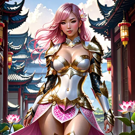 a sexy topless woman in a white gold and pink lotus lace armor skirt, chengwei pan on artstation, by Yang J, detailed fantasy art, stunning character art, fanart best artstation, epic exquisite character art, beautiful armor, extremely detailed artgerm, de...