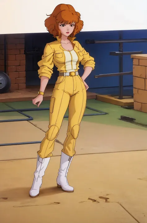 absurdres, april oneil, 1girl, short brown hair, black eyes, full body, yellow jumpsuit, sleeves rolled up, white belt, high white boots, tight clothes,