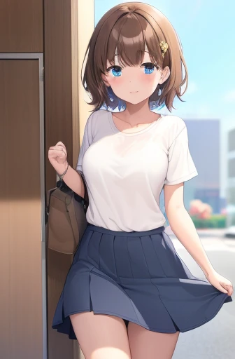 1girl, anime, cute, 14 year old, skirt, plain white t-shirt, short brown hair, blue eyes, city, siting, flirting with camera, pulling up skirt, pink panty, ultra sharp, 8k masterpiece, high contrast
