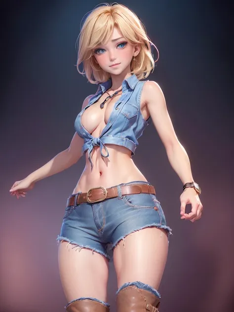 (((1 person:2.0))),(((Cowgirl Costume))),(((Denim hot pants:1.2))),(((wear a leather belt:1.2))),(((He is wearing a sleeveless collared shirt, Plaid, Front tie shirt.))),(((wear the watch))),(((short boots))),(((Showing cleavage))),(((Navel exposed))),(((E...