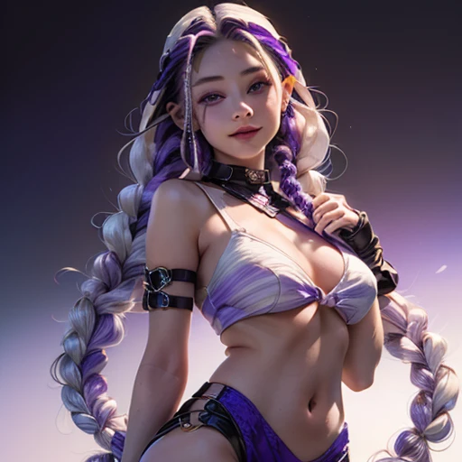 Inji、One incredibly beautiful girl、(Her hair is a purple and white gradient with flowing twin braids that are as long as her height.:1.9)、Captivating large purple eyes、Big breasts、Slope_hair、Indifference、kind、smile、Black and white skimpy cyberpunk outfit、b...