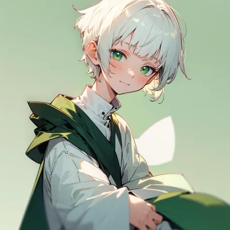 blind box,simple background,  short white boyish haircut soft boy ,green eyes ,soft skin , soft smile and cute outfit