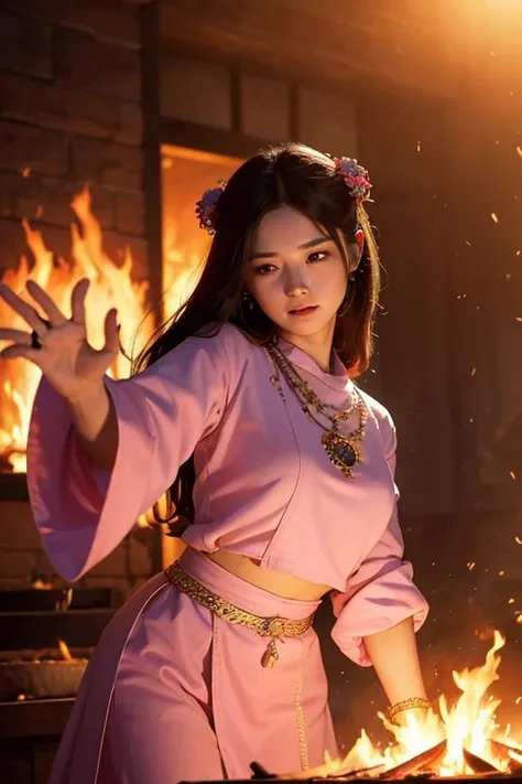 High Frequency: 1.8, Rich details, masterpiece, 8k, Beautiful priestess in a pink shirt standing in front of a fire, Dancing, Waving fan, The fan burns, Flames engulf the High Priestess, Burning battlefield background,  