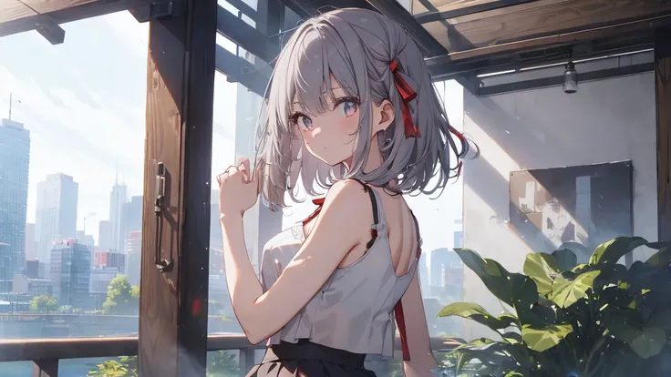 masterpiece、highest quality、Super detaileded、An illustration、Beautiful detaileded eyes、One Girl、Outdoor Garden、Large size attractive bra、Ultra-small crop top、Gray Hair、22 years old、Red short skirt、Short shirt、Thin belly、Hair Ribbon、Long Hair、Sleeveless、自信に...