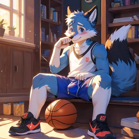 Furry fox, Nike, shiny satin basketball shorts, erection under clothing, shy, precum leaking through shorts, akward smile