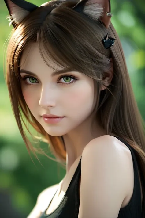 arafed woman with long hair wearing a cat ear and a black top, brown hair and large eyes, gorgeous face portrait, photo of a beautiful woman, soft portrait shot 8 k, photorealistic beautiful face, sexy girl with green eyes, gorgeous attractive face, artger...