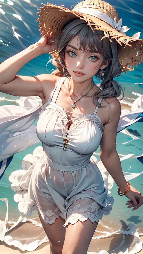 highest quality, masterpiece, , ,short, Huge breasts, Gray Hair,Low twin tails, Purple eyes, Yukinecris, Thin twin tails,, Beach, Ocean, White Dress, White Skirt, White dress, Straw hat,  (((shy))), (Happy), Leaning forward, summer, From above, Reaching ou...