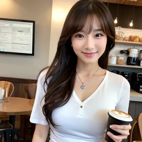 UHD, Close-up photo of a cute Korean woman, Looking straight ahead, sexy little smile,) Chest size 34 inches, ponytail, Wear a tight fitting t-shirt.,) necklace,  Making coffee in a coffee shop 8k photo, Shot with a high quality Fuji 45 camera.,000,000 pix...