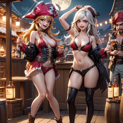 (a lusty pirate),(best quality),(realistic),(pirate bar),scantily clad trollops,singing and dancing,drunken revelry,ruffians laughing,rum bottles clinking,music playing,misty haze,wooden plank floor,dimly lit,pirate flags waving,strong sea breeze,moonlit n...