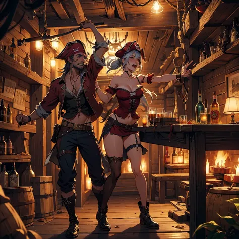 (a lusty pirate),(best quality),(realistic),(pirate bar),scantily clad trollops,singing and dancing,drunken revelry,ruffians lau...