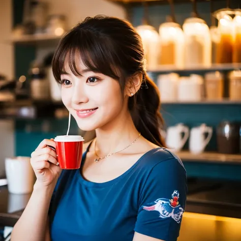 UHD, Close-up photo of a cute Korean woman, Looking straight ahead, sexy little smile,) Chest size 34 inches, ponytail, He was wearing a tight, dark blue t-shirt.,) There is a beautiful colored parrot on the shoulder.,)necklace,  Making coffee in a coffee ...