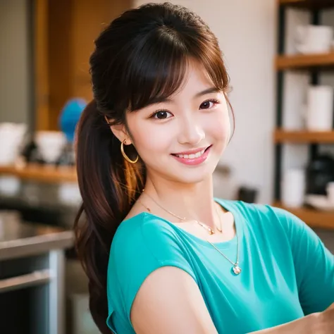 UHD, Close-up photo of a cute Korean woman, Looking straight ahead, sexy little smile,) Chest size 34 inches, ponytail, He was wearing a tight, dark blue t-shirt.,) There is a beautiful colored parrot on the shoulder.,)necklace,  Making coffee in a coffee ...