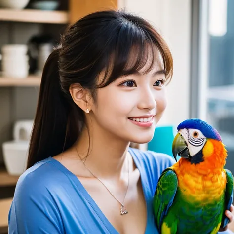 UHD, Close-up photo of a cute Korean woman, Looking straight ahead, sexy little smile,) Chest size 34 inches, ponytail, He was wearing a tight, dark blue t-shirt.,) There is a beautiful colored parrot on the shoulder.,)necklace,  Making coffee in a coffee ...