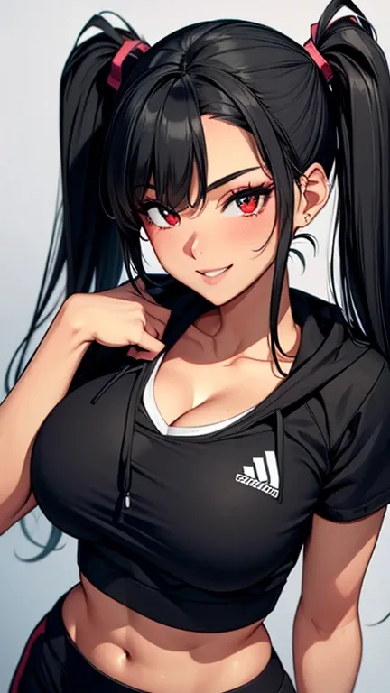 Girl, sports bra, legging, crop top hoodie, sexy body, big breasts, cleavage, big hip, sweating, smiling, beautiful face, detailed face, very detailed eyes, long black hair, twintail hair, red eyes, beautiful eyelashes, full body picture, high quality, det...