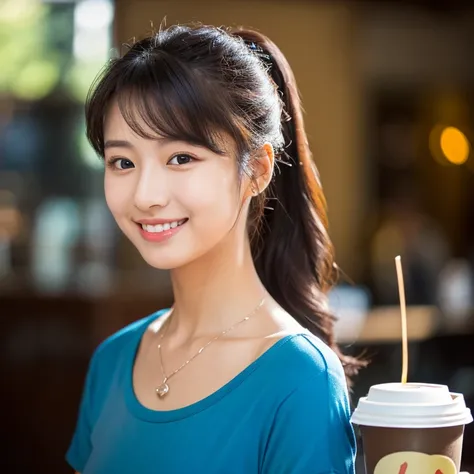 UHD, Close-up photo of a cute Korean woman, Looking straight ahead, sexy little smile,) Chest size 34 inches, ponytail, He was wearing a tight, dark blue t-shirt.,) There is a beautiful colored parrot on the shoulder.,) necklace,  Brewing coffee,) In the c...