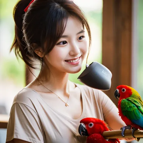 UHD, Close-up photo of a cute Korean woman, Looking straight ahead, sexy little smile,) Chest size 34 inches, ponytail, Wearing a dark red round neck t-shirt.,) There is a beautiful colored parrot on the shoulder.,) necklace,  Brewing coffee,) In the coffe...