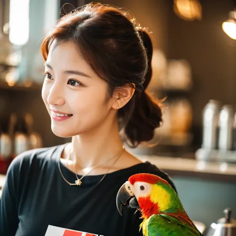 UHD, Close-up photo of a cute Korean woman, Looking straight ahead, sexy little smile,) Chest size 34 inches, ponytail, Wearing a dark red round neck t-shirt.,) There is a beautiful colored parrot on the shoulder.,) necklace,  Brewing coffee,) In the coffe...