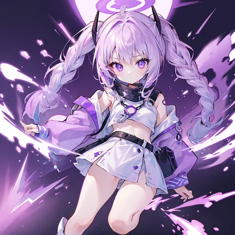 1girl.highest quality、Masterpiece、Official Art、The best composition、Chibi、cute、The hair has a milky white color on top and a purple gradation color on the bottom.、Long hair braided in two ponytails、The outfit is black cyberpunk with open sides.、It is borde...