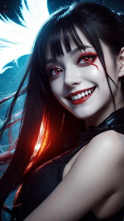 One girl, Flying hair, Red eyes, Fire Witch, There was blood on my face., Particles of light, lightning, wallpaper, colorful, High Contrast, vampire, Grin, Wicked Smile, psychopathic Grin, Psychopathic smile, Tilt your head