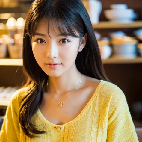 UHD, Close-up photo of a cute Korean woman, Tangjai looked straight at me.,) Chest size 34 inches, ponytail, wearing a yellow t-shirt Bang Rong Sai net,) necklace,  In the coffee shop 8k photos, Shot with a high quality Fuji 45 camera.,000,000 pixels warm ...